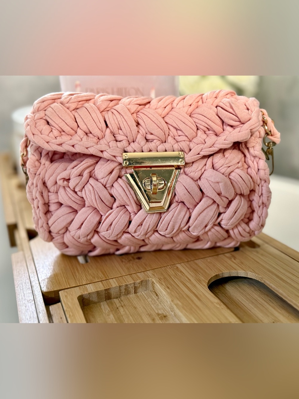 Woven Pink Chain Clutch Handbag by